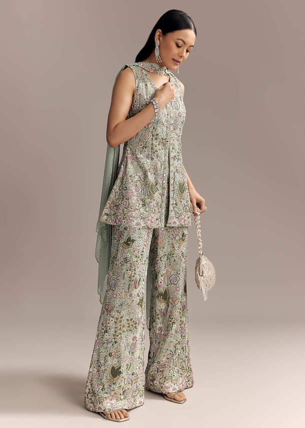 Powder Blue Georgette Palazzo Suit With Sequins And Resham Work Powder Blue Georgette Palazzo Suit With Sequins And Resham Work