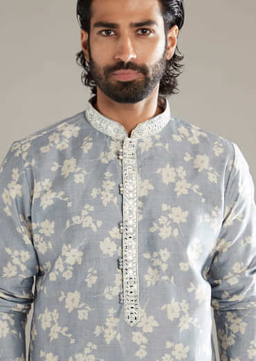 Powder Blue Kurta Set For Men With Floral Print And Mirror Work