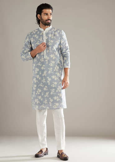 Powder Blue Kurta Set For Men With Floral Print And Mirror Work