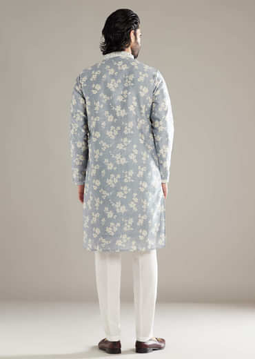 Powder Blue Kurta Set For Men With Floral Print And Mirror Work