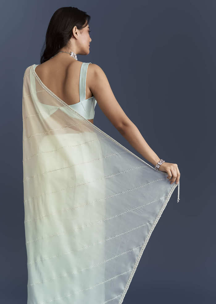Powder Blue Organza Saree With Heavy Hand Embroidery