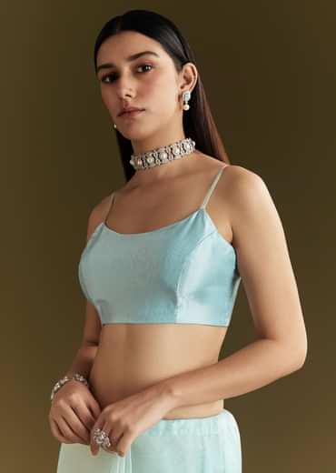 Powder Blue Tissue Embroidered Saree With Scallop Border