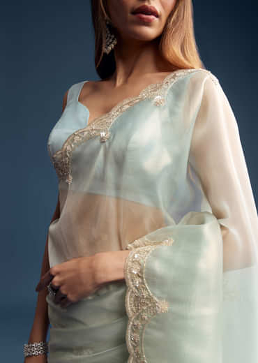 Powder Blue Tissue Saree With Cutdana Embroidery