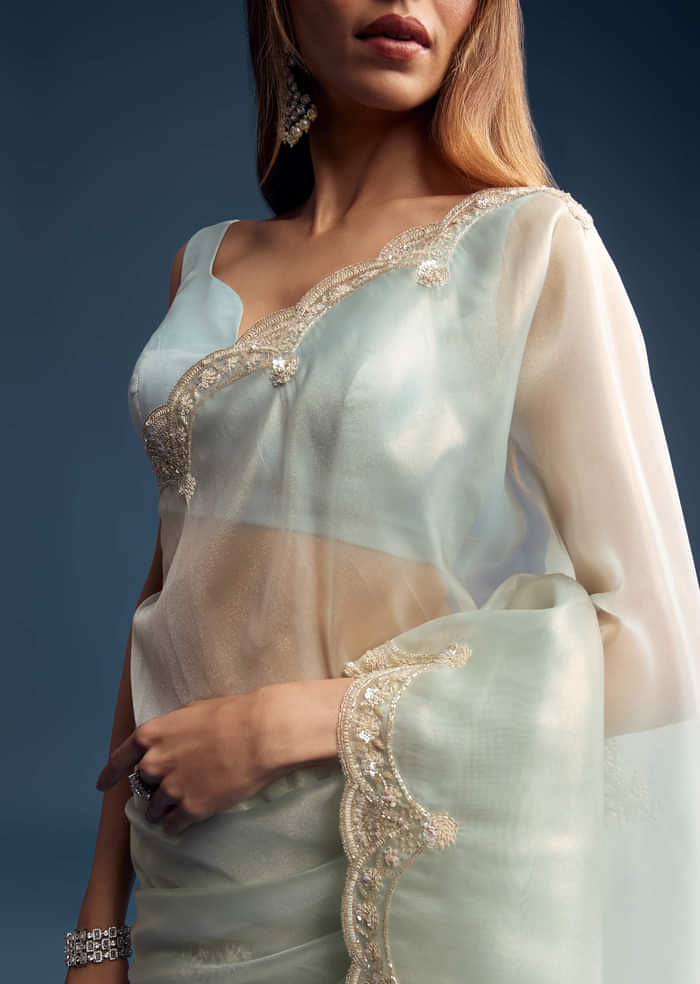 Powder Blue Tissue Saree With Cutdana Embroidery