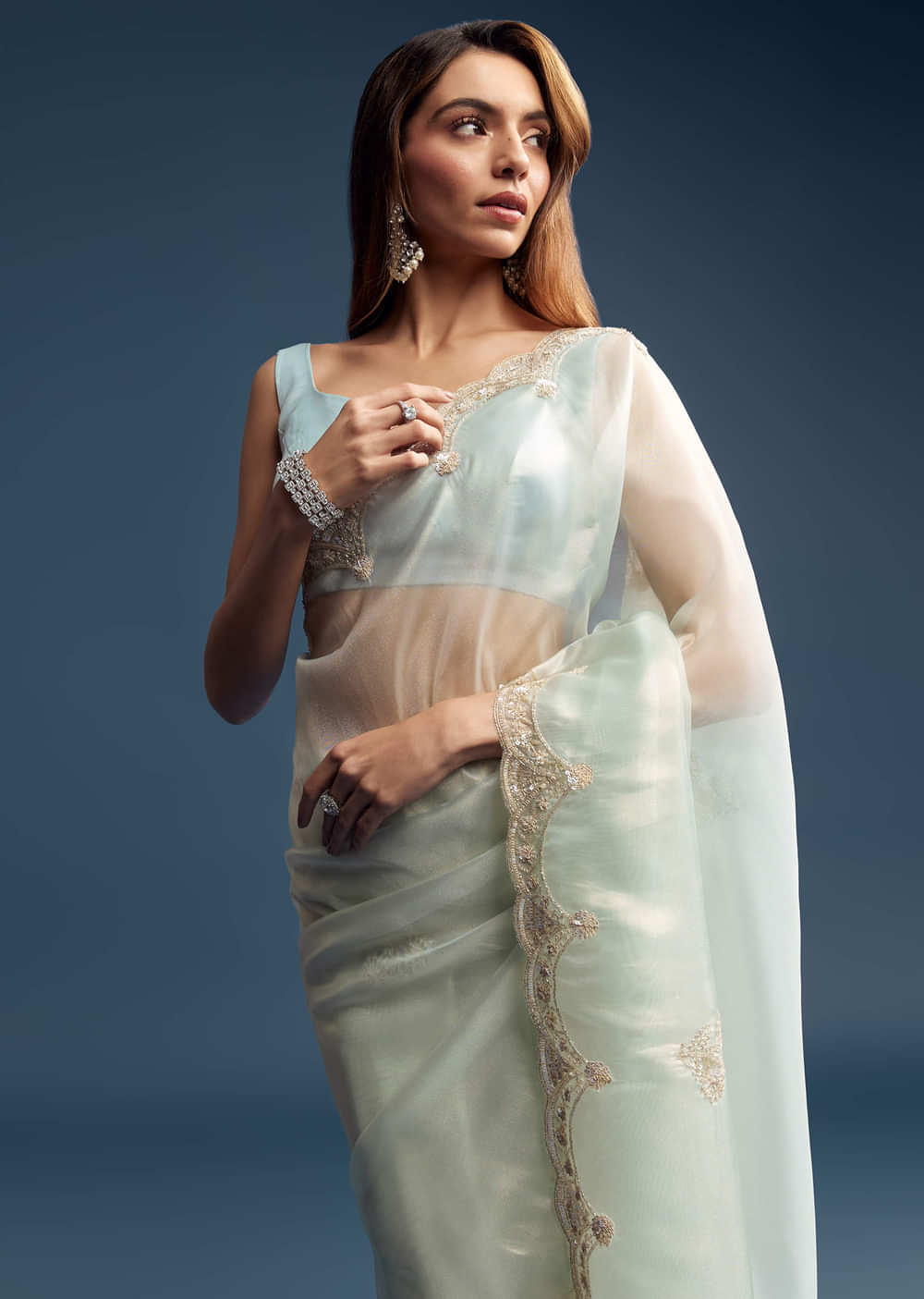 Powder Blue Tissue Saree With Cutdana Embroidery