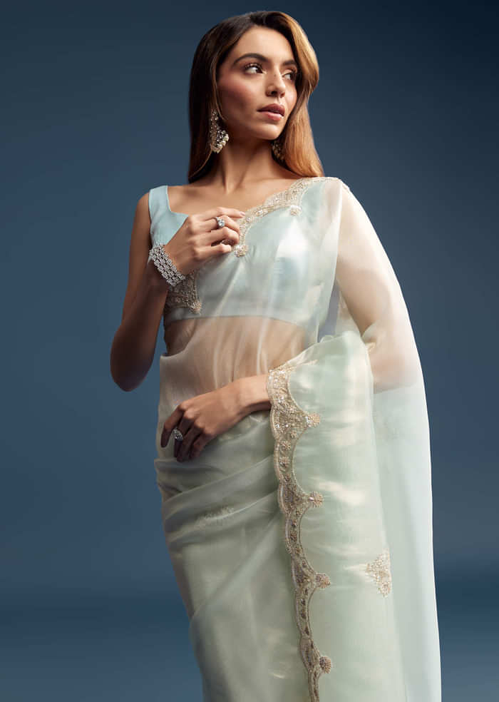 Powder Blue Tissue Saree With Cutdana Embroidery