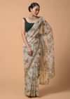 Powder Green Saree In Organza With Floral Print And Moti Accents