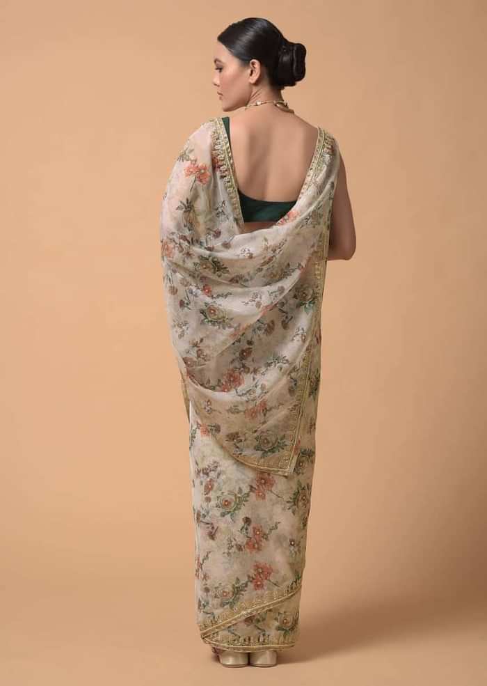 Powder Green Saree In Organza With Floral Print And Moti Accents