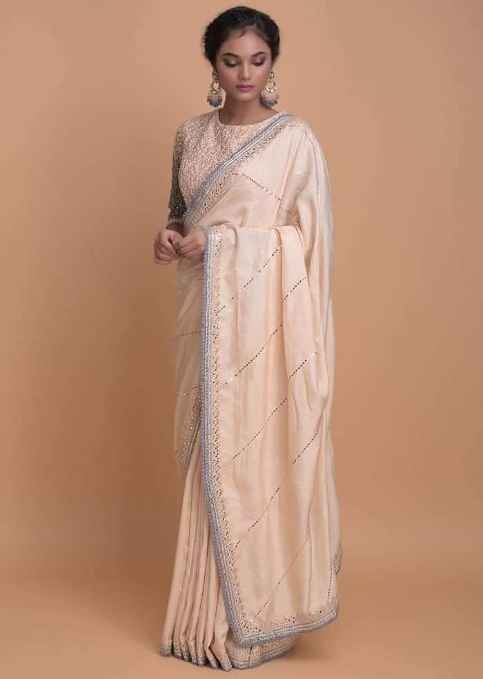 Powder Peach Saree In Cotton Silk With Mirror Embroidery Online - Kalki Fashion