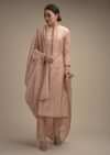 Powder Peach Straight Cut Suit In Cotton With Maroon Bandhani Print And Sequin Accents