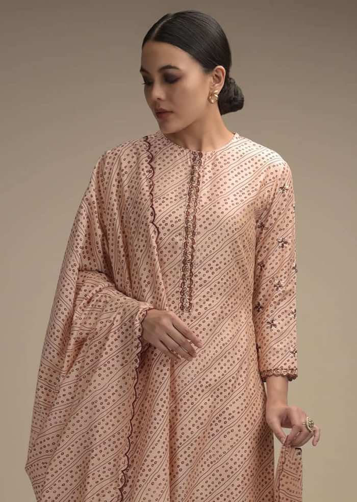 Powder Peach Straight Cut Suit In Cotton With Maroon Bandhani Print And Sequin Accents
