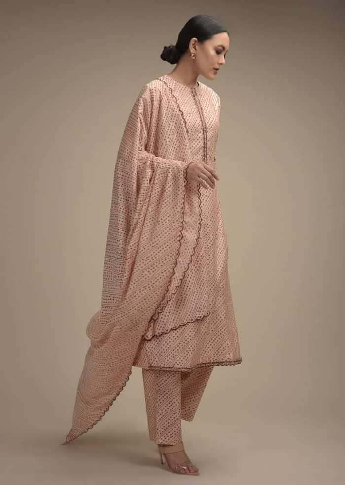 Powder Peach Straight Cut Suit In Cotton With Maroon Bandhani Print And Sequin Accents