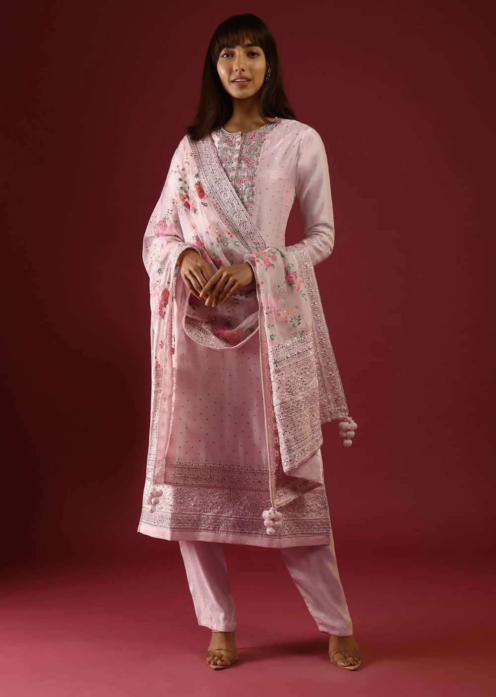 Powder Peach Straight Cut Suit With Multi Colored Thread Embroidered Floral Motifs On The Yoke And Organza Dupatta