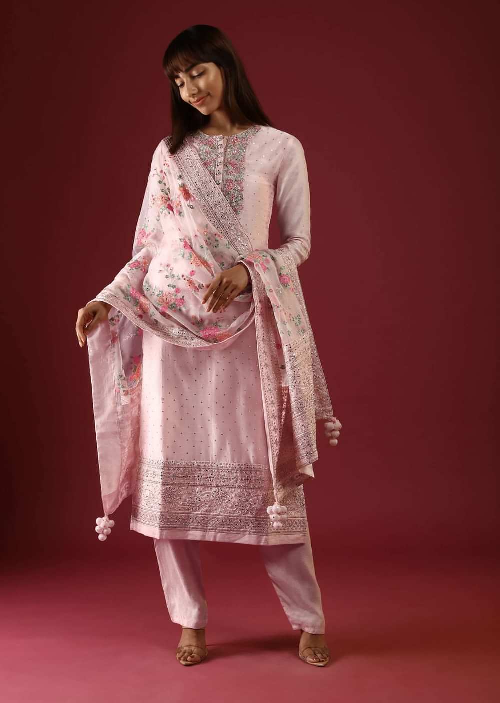 Powder Peach Straight Cut Suit With Multi Colored Thread Embroidered Floral Motifs On The Yoke And Organza Dupatta