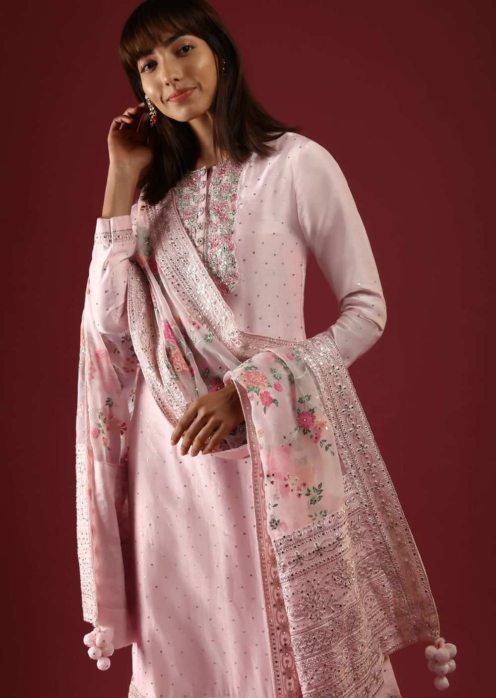 Powder Peach Straight Cut Suit With Multi Colored Thread Embroidered Floral Motifs On The Yoke And Organza Dupatta