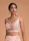 Powder Pink Blouse In Raw Silk With Beads And Zardosi Embroidered Floral Jaal