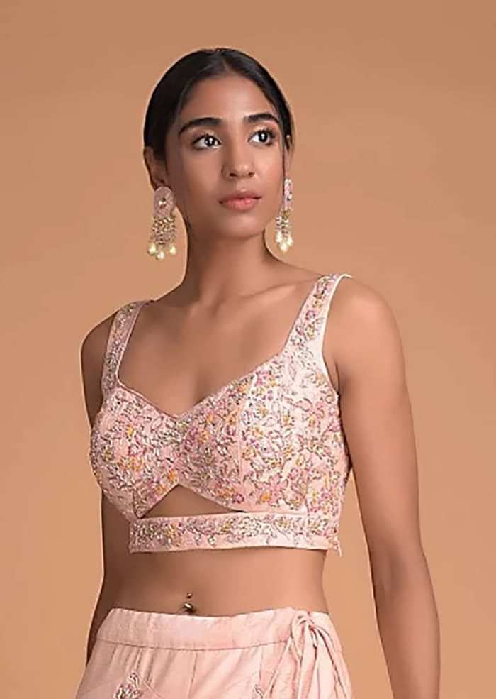 Powder Pink Blouse In Raw Silk With Beads And Zardosi Embroidered Floral Jaal