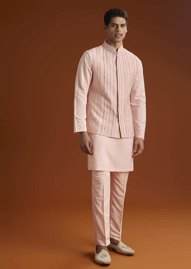Powder Pink Kurta Jacket Set For Men With Cutdana Embroidery Powder Pink Kurta Jacket Set For Men With Cutdana Embroidery