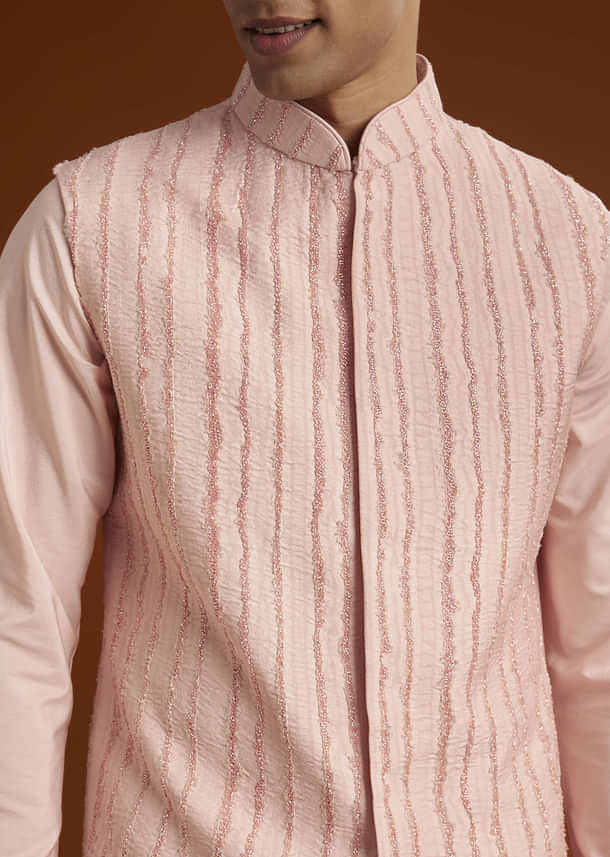Powder Pink Kurta Jacket Set For Men With Cutdana Embroidery Powder Pink Kurta Jacket Set For Men With Cutdana Embroidery
