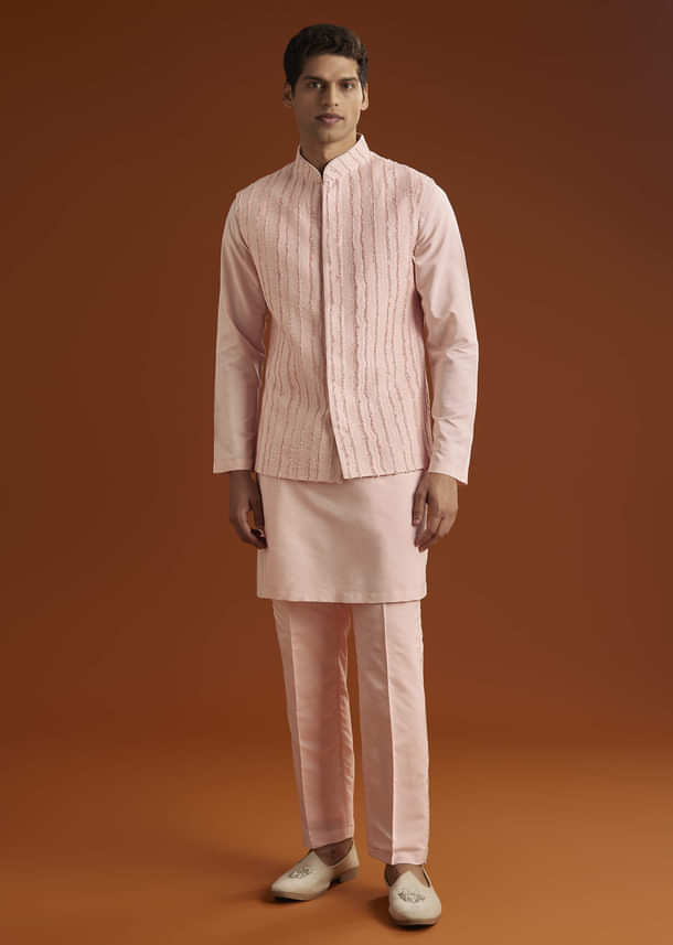 Powder Pink Kurta Jacket Set For Men With Cutdana Embroidery Powder Pink Kurta Jacket Set For Men With Cutdana Embroidery