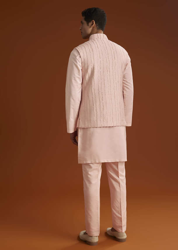 Powder Pink Kurta Jacket Set For Men With Cutdana Embroidery Powder Pink Kurta Jacket Set For Men With Cutdana Embroidery