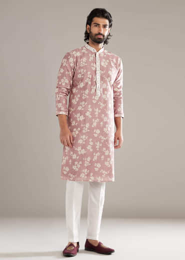 Powder Pink Kurta Set For Men With Floral Print And Mirror Work