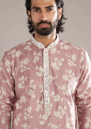 Powder Pink Kurta Set For Men With Floral Print And Mirror Work