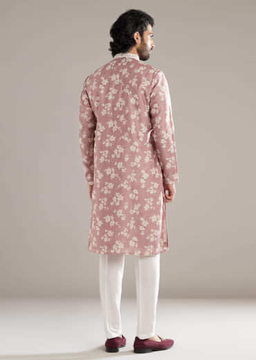 Powder Pink Kurta Set For Men With Floral Print And Mirror Work