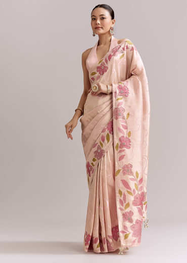 Powder Pink Satin Saree With Digital Florals And Hand Embroidery
