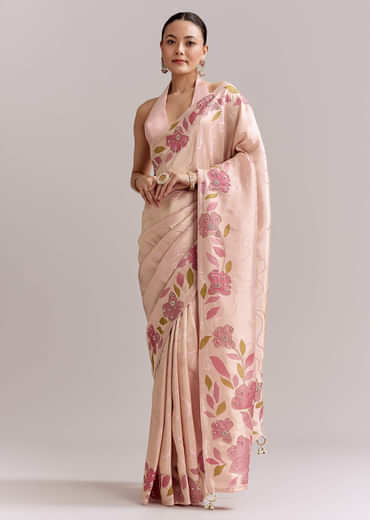 Powder Pink Satin Saree With Digital Florals And Hand Embroidery