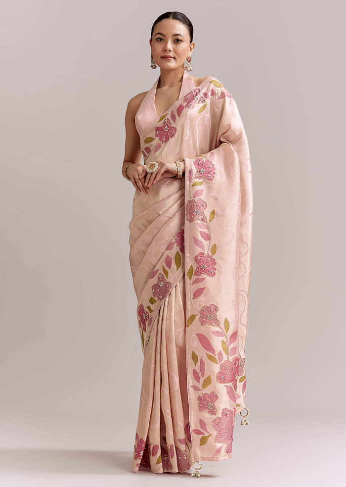 Powder Pink Satin Saree With Digital Florals And Hand Embroidery