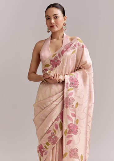 Powder Pink Satin Saree With Digital Florals And Hand Embroidery