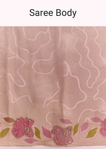 Powder Pink Satin Saree With Digital Florals And Hand Embroidery