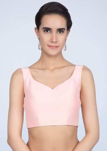 Powder Pink Blouse In Raw Silk With Sweet Heart Neck