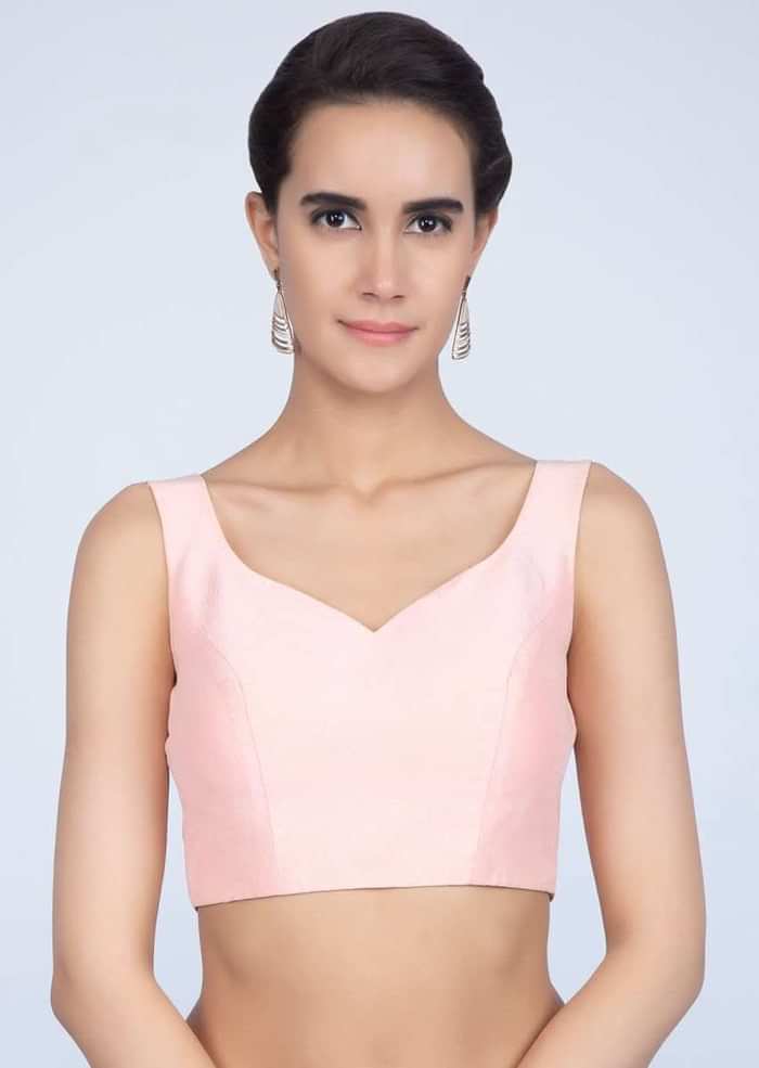 Powder Pink Blouse In Raw Silk With Sweet Heart Neck