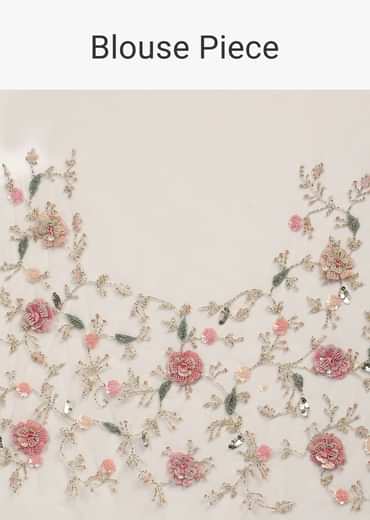 Powder White Saree In Organza With 3D Flower Embroidered Border And Buttis Featuring Multi Colored Moti And Sequins