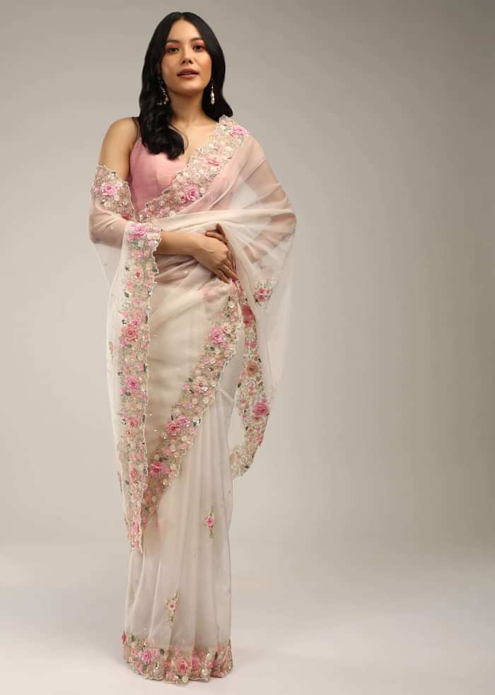 Powder White Saree In Organza With 3D Flower Embroidered Border And Buttis Featuring Multi Colored Moti And Sequins