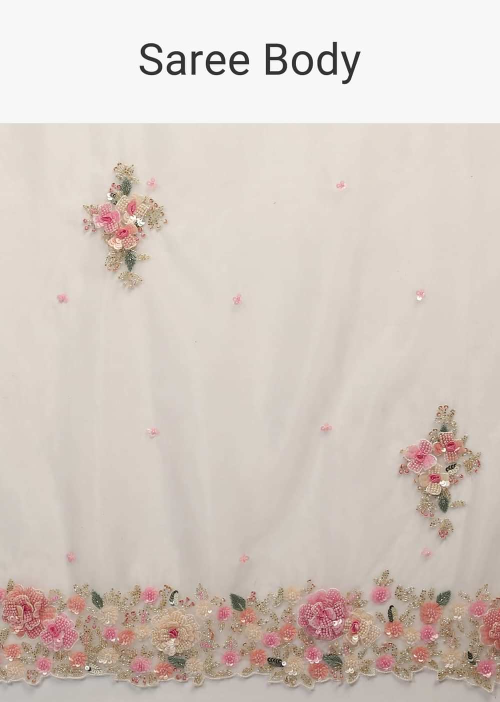 Powder White Saree In Organza With 3D Flower Embroidered Border And Buttis Featuring Multi Colored Moti And Sequins