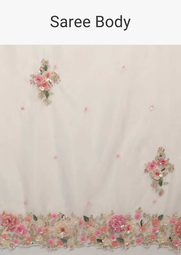 Powder White Saree In Organza With 3D Flower Embroidered Border And Buttis Featuring Multi Colored Moti And Sequins