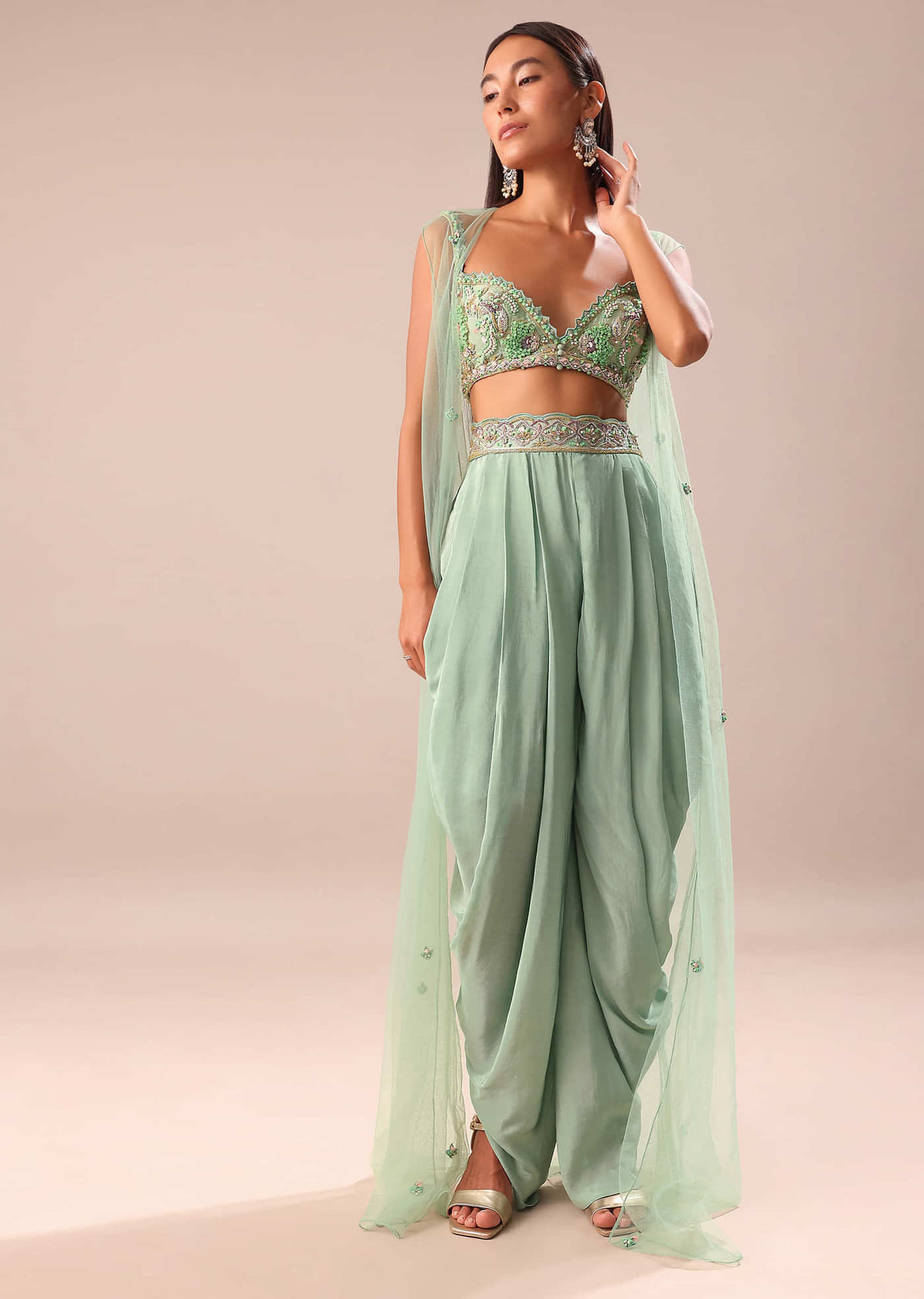 Powder Blue Dhoti And Jacket With Embroidered Blouse