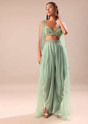 Powder Blue Dhoti And Jacket With Embroidered Blouse