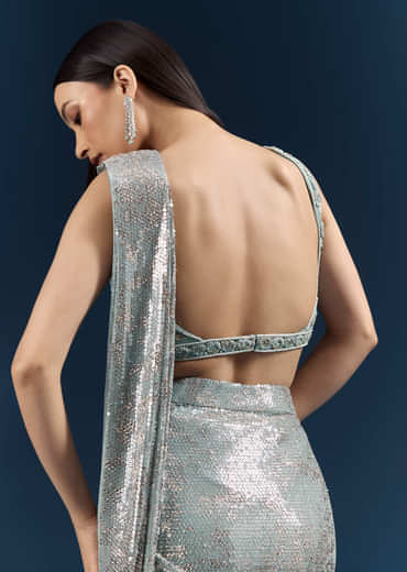 Powder Blue Imported Sequins And Net Ready Pleated Saree With Embroidery