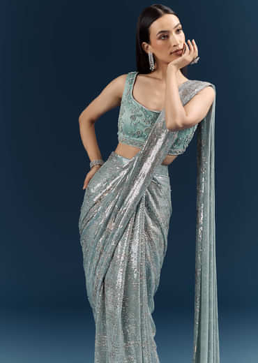 Powder Blue Imported Sequins And Net Ready Pleated Saree With Embroidery