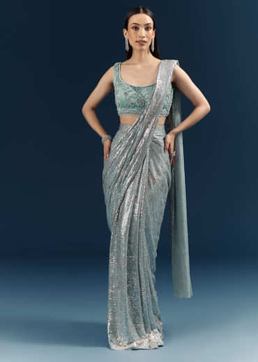 Powder Blue Imported Sequins And Net Ready Pleated Saree With Embroidery