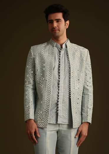 Powder Blue Silk Mirror Work Indo Jacket Set