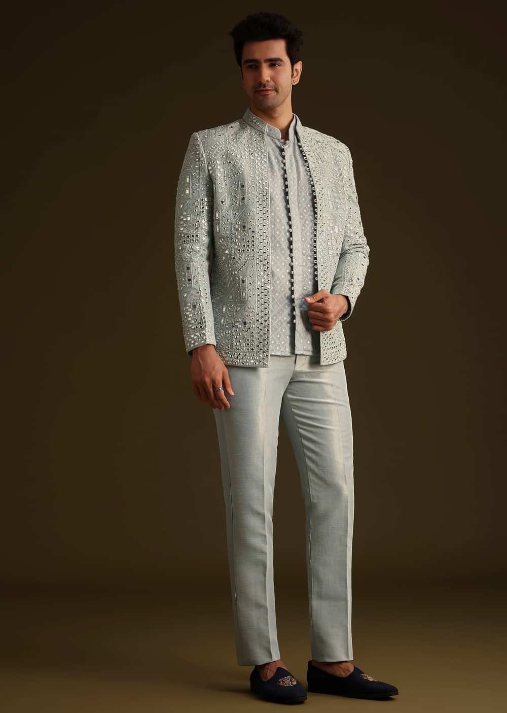 Powder Blue Silk Mirror Work Indo Jacket Set