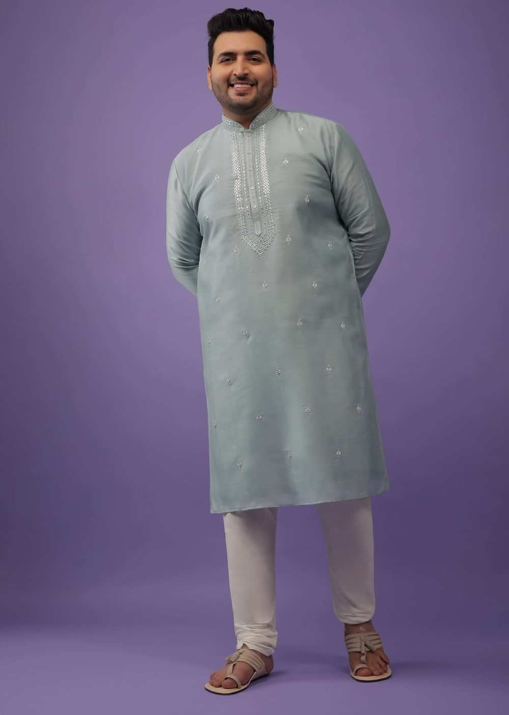 Powder Green Mirror Embroidered Kurta Set In Silk