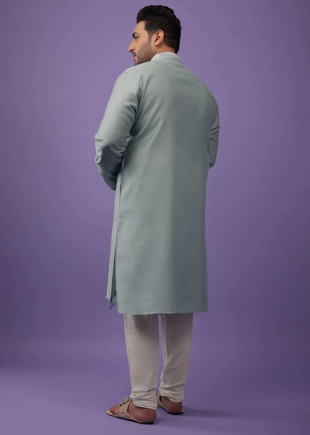 Powder Green Mirror Embroidered Kurta Set In Silk
