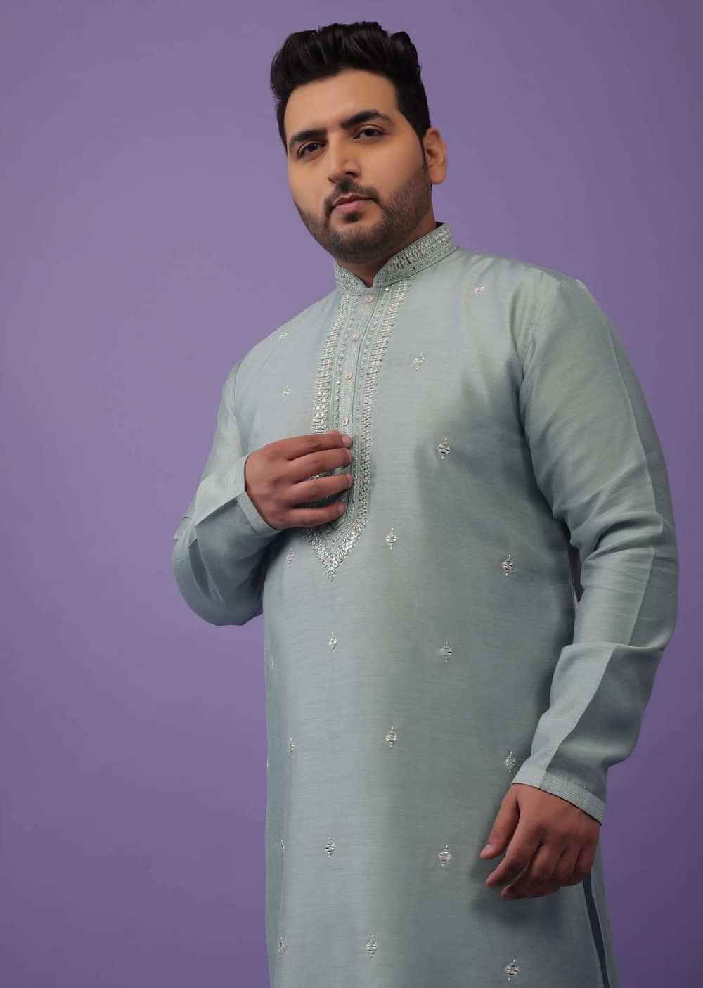 Powder Green Mirror Embroidered Kurta Set In Silk