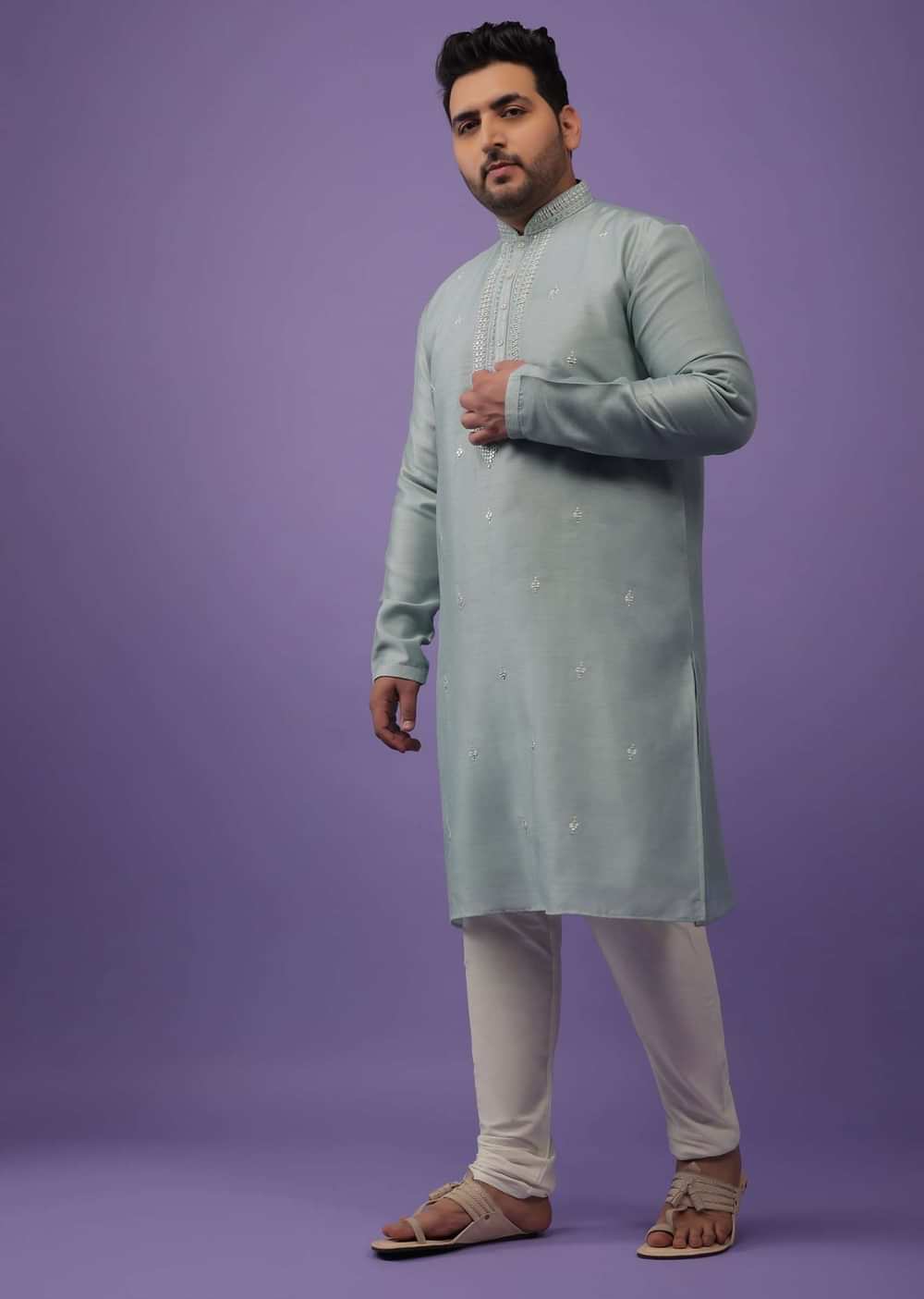 Powder Green Mirror Embroidered Kurta Set In Silk